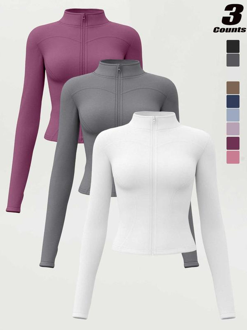 Women'S High Elastic Stand Collar Thumb Hole Slim Fit Yoga Top, Breathable Long Sleeve Running Jacket, Spring & Fall Sportswear, S-Xxxl Sizes, Athletic Jackets