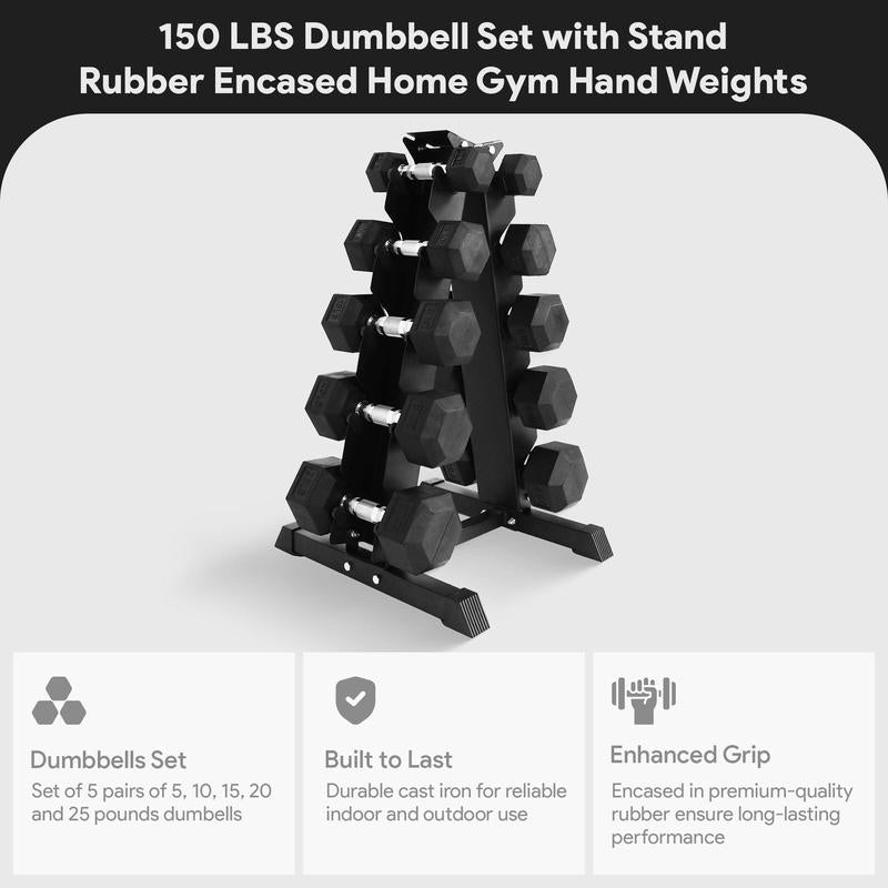 Balancefrom Dumbbell Set with Stand, Rubber Encased Home Gym Hand Weights, 150Lb