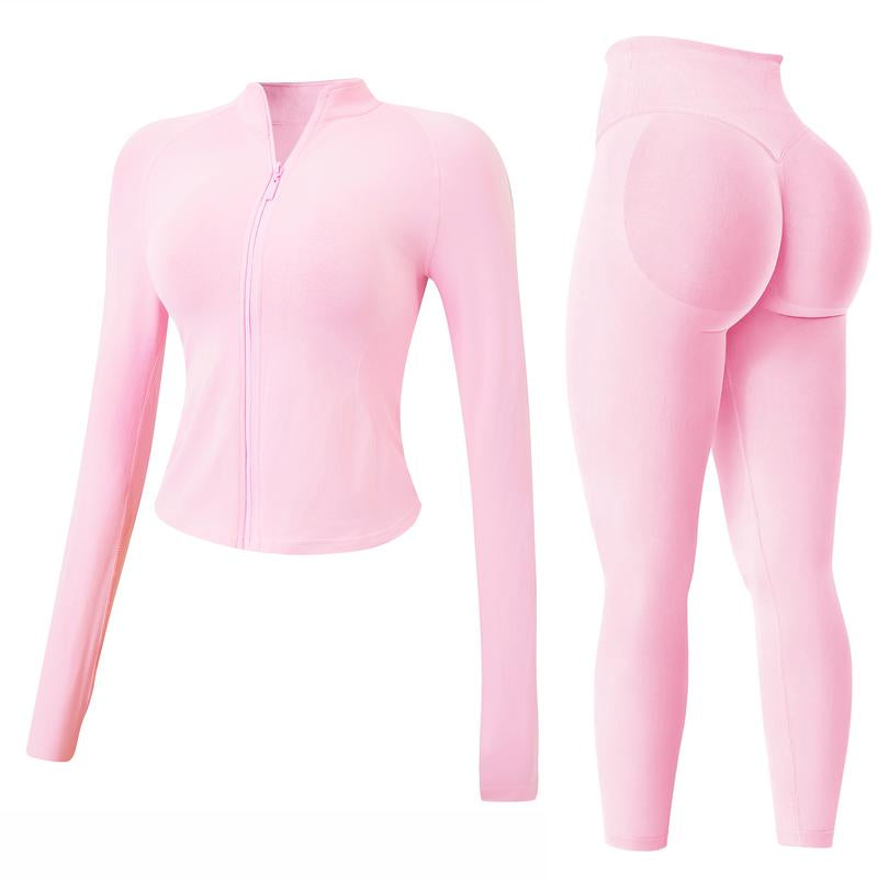 Jetjoy Workout Sets for Women, Women 2 Piece Seamless Ribbed Workout Sets with Zip up Jacket+ Mid-Waisted Gym Yoga Leggings