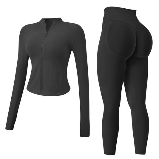 Jetjoy Workout Sets for Women, Women 2 Piece Seamless Ribbed Workout Sets with Zip up Jacket+ Mid-Waisted Gym Yoga Leggings