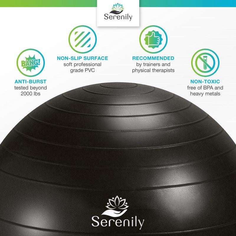 Serenily Exercise Ball for Fitness - Yoga Ball Chair for Home Gym & Yoga Accessories. Birthing Ball with Workout Guide & Pump. Stability Ball for Balance Trainer, Pilates, Therapy & Office