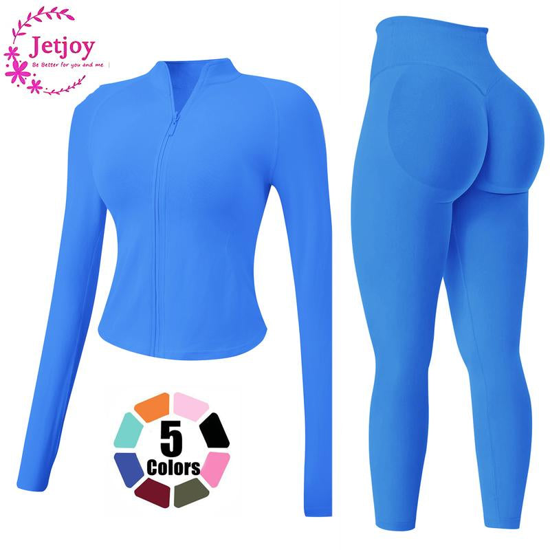 Jetjoy Workout Sets for Women, Women 2 Piece Seamless Ribbed Workout Sets with Zip up Jacket+ Mid-Waisted Gym Yoga Leggings