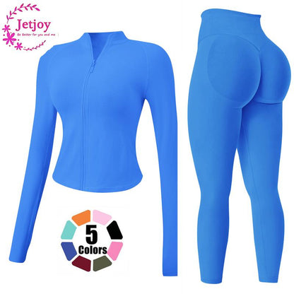 Jetjoy Workout Sets for Women, Women 2 Piece Seamless Ribbed Workout Sets with Zip up Jacket+ Mid-Waisted Gym Yoga Leggings