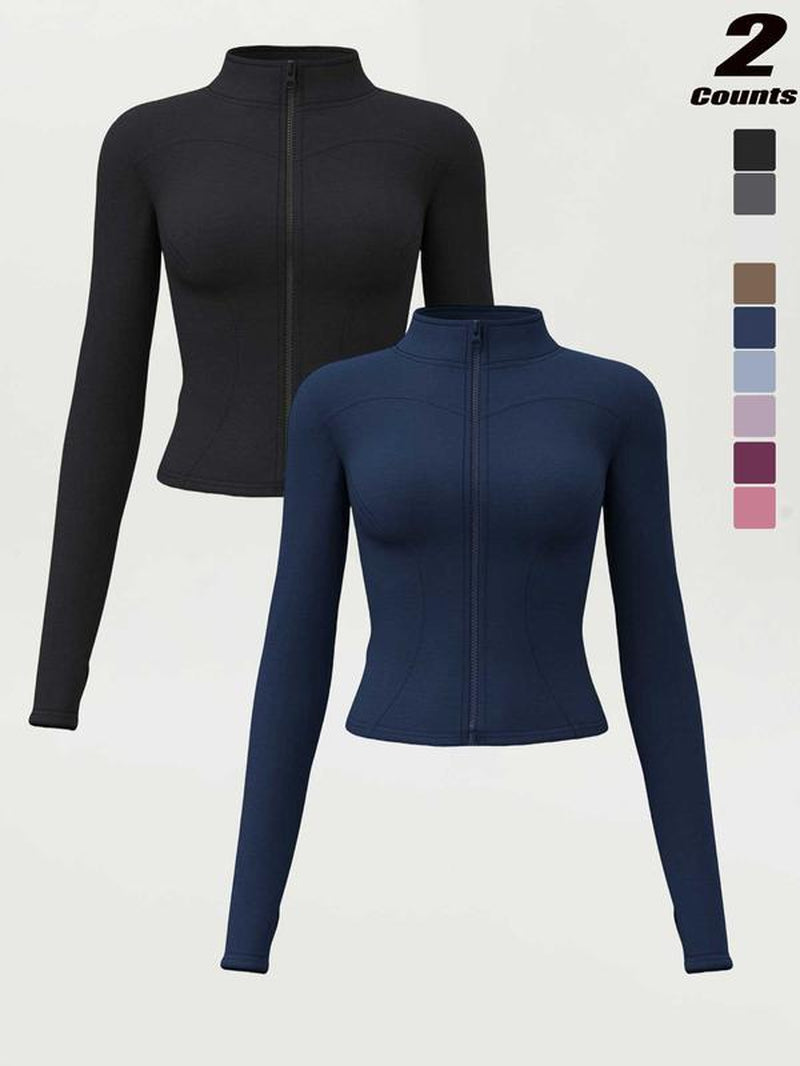 Women'S High Elastic Stand Collar Thumb Hole Slim Fit Yoga Top, Breathable Long Sleeve Running Jacket, Spring & Fall Sportswear, S-Xxxl Sizes, Athletic Jackets