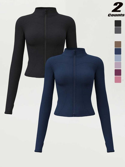 Women'S High Elastic Stand Collar Thumb Hole Slim Fit Yoga Top, Breathable Long Sleeve Running Jacket, Spring & Fall Sportswear, S-Xxxl Sizes, Athletic Jackets