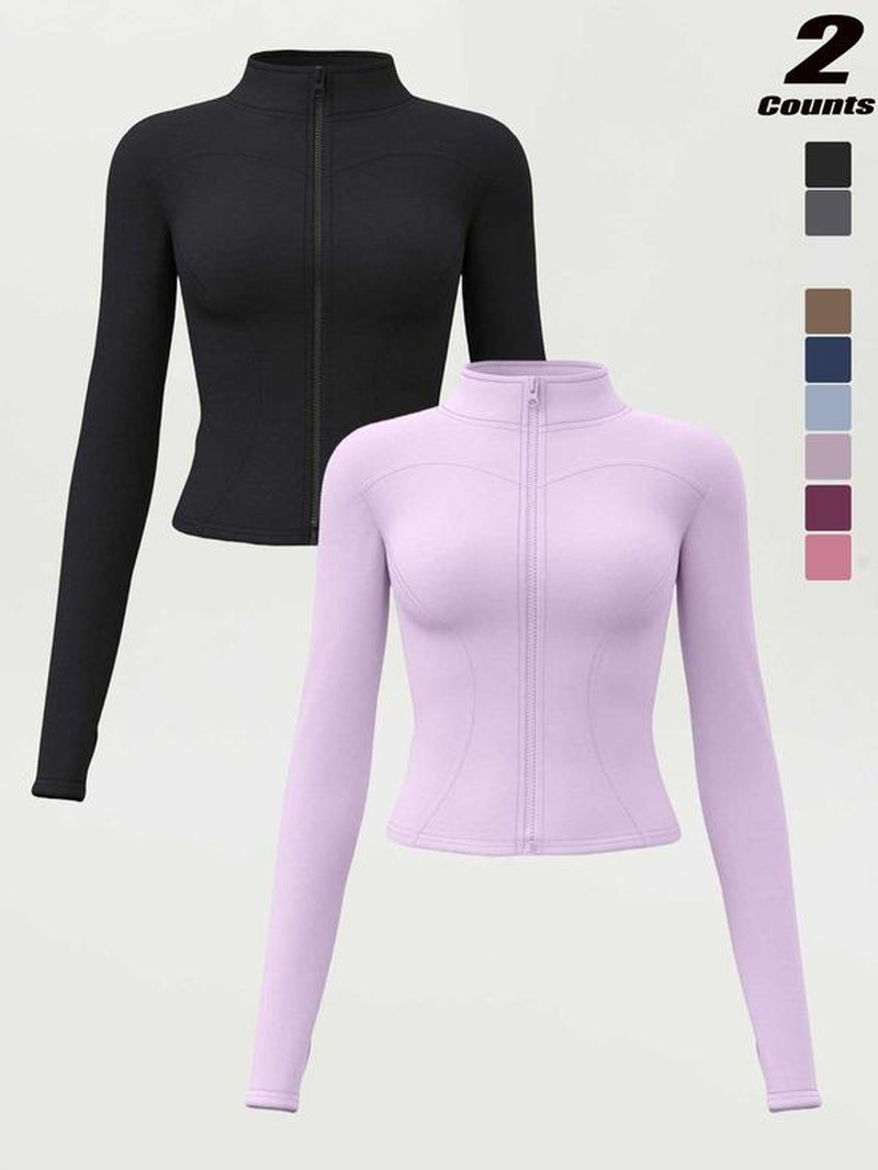 Women'S High Elastic Stand Collar Thumb Hole Slim Fit Yoga Top, Breathable Long Sleeve Running Jacket, Spring & Fall Sportswear, S-Xxxl Sizes, Athletic Jackets