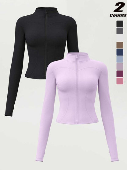 Women'S High Elastic Stand Collar Thumb Hole Slim Fit Yoga Top, Breathable Long Sleeve Running Jacket, Spring & Fall Sportswear, S-Xxxl Sizes, Athletic Jackets