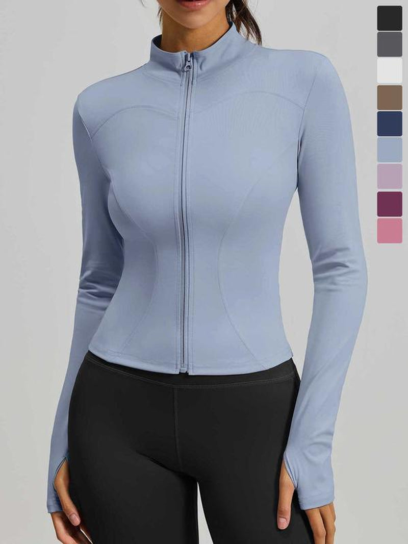 Women'S High Elastic Stand Collar Thumb Hole Slim Fit Yoga Top, Breathable Long Sleeve Running Jacket, Spring & Fall Sportswear, S-Xxxl Sizes, Athletic Jackets