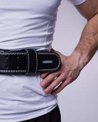 UPPPER Lifting Belt Black - Microfiber Leather, Double-Prong Buckle, 4" to 2.5" Tapered, Weightlifting Support