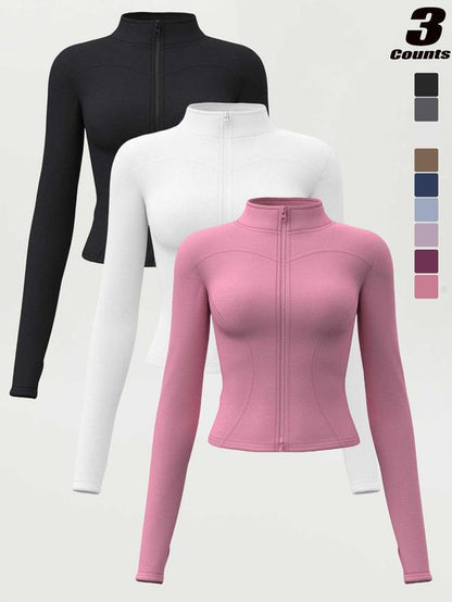 Women'S High Elastic Stand Collar Thumb Hole Slim Fit Yoga Top, Breathable Long Sleeve Running Jacket, Spring & Fall Sportswear, S-Xxxl Sizes, Athletic Jackets