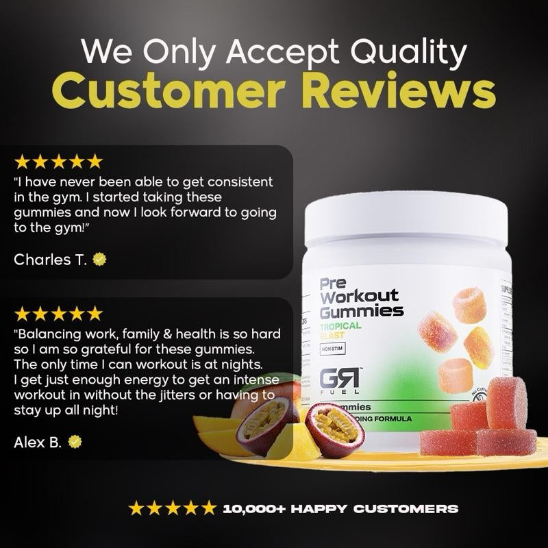 Gymrat Pre Workout Gummies – Tropical Blast, Long Lasting, No Crash Vegan Energy & Focus Boost, USA Made & GMP Certified with Vasodrive-Ap and Vitamin B 12, for Men & Women
