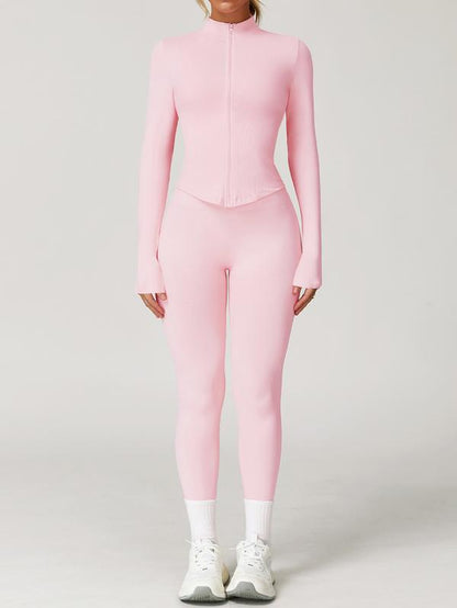 Jetjoy Workout Sets for Women, Women 2 Piece Seamless Ribbed Workout Sets with Zip up Jacket+ Mid-Waisted Gym Yoga Leggings