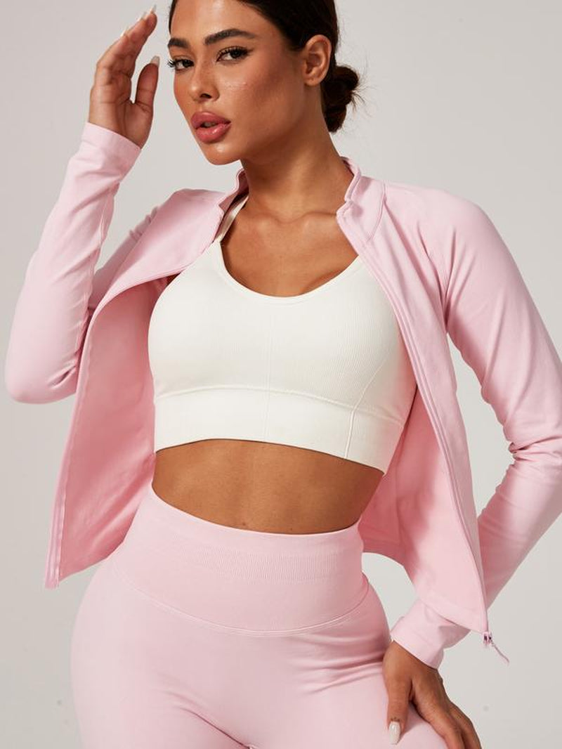 Jetjoy Workout Sets for Women, Women 2 Piece Seamless Ribbed Workout Sets with Zip up Jacket+ Mid-Waisted Gym Yoga Leggings