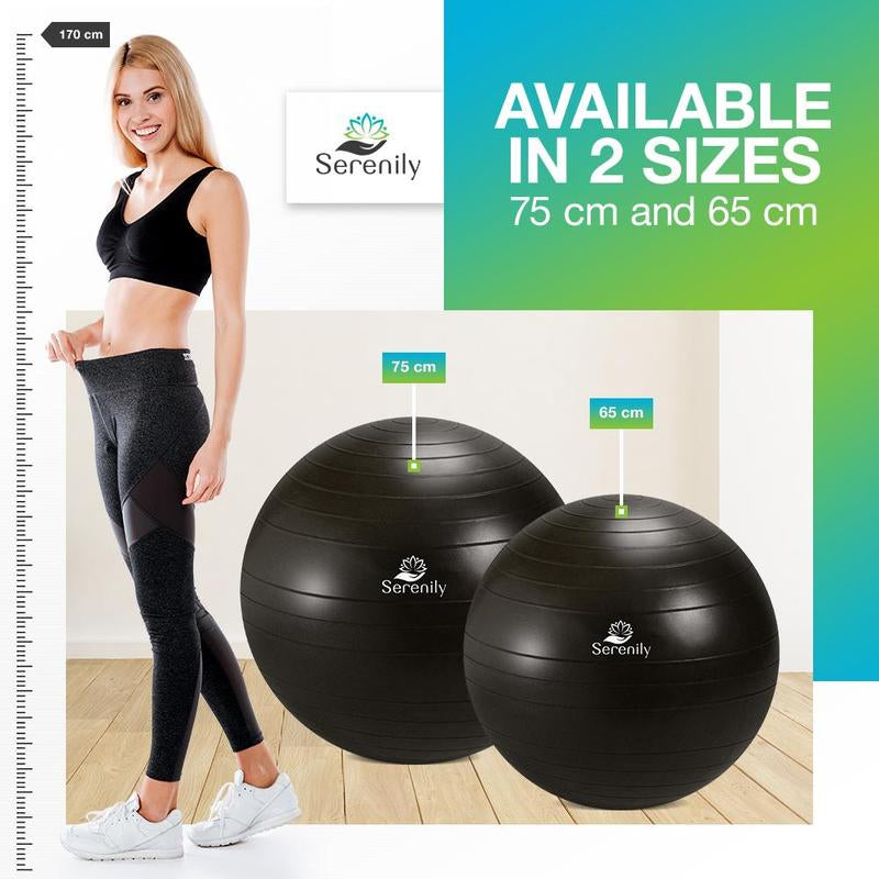 Serenily Exercise Ball for Fitness - Yoga Ball Chair for Home Gym & Yoga Accessories. Birthing Ball with Workout Guide & Pump. Stability Ball for Balance Trainer, Pilates, Therapy & Office
