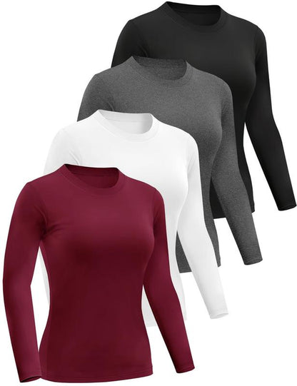 TELALEO Women'S 4 Value Pack Long Sleeve Basic Shirts Crew Neck Slim Fitted Compression Gym Workout Athletic Undershirts in Black White Gray & Red