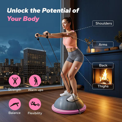 Merach Half Exercise Balls Trainer Balance Ball Trainer 2-In-1 Yoga Ball with Resistance Bands & Game Mode Core Stability & Full-Body Home Fitness Workout Equipment