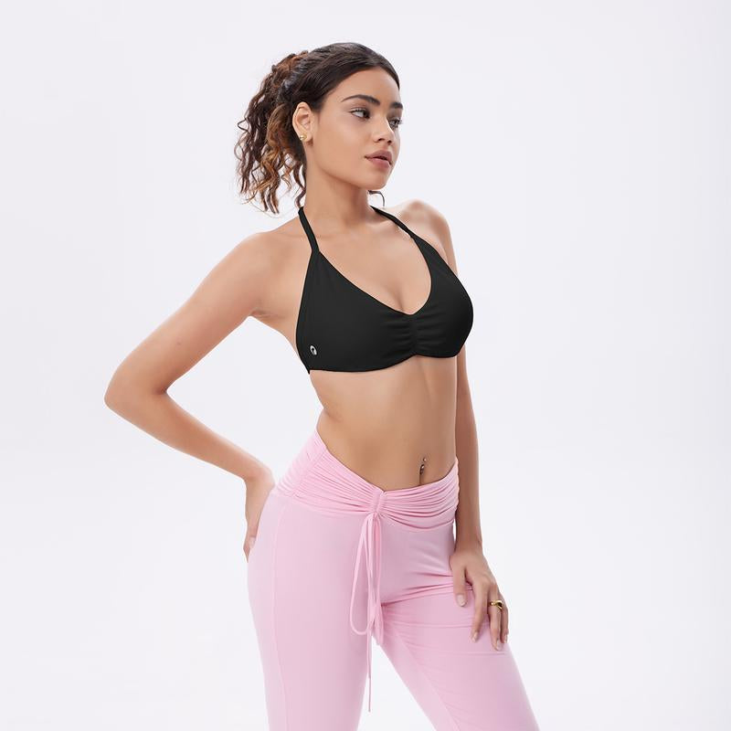 OQQ Womenswear 2-Piece Sports Top Halter Neck for Women Sexy Sleeveless Pleated Bra Adjustable Neck Removable Padding Perfect for Yoga