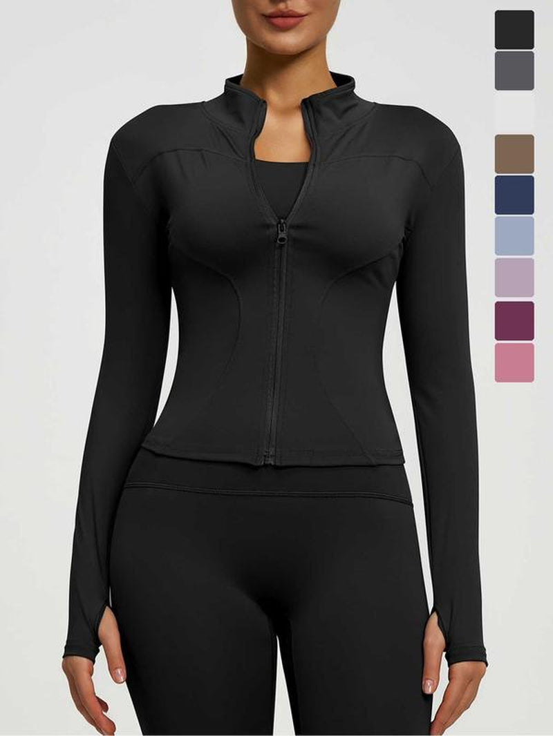 Women'S High Elastic Stand Collar Thumb Hole Slim Fit Yoga Top, Breathable Long Sleeve Running Jacket, Spring & Fall Sportswear, S-Xxxl Sizes, Athletic Jackets