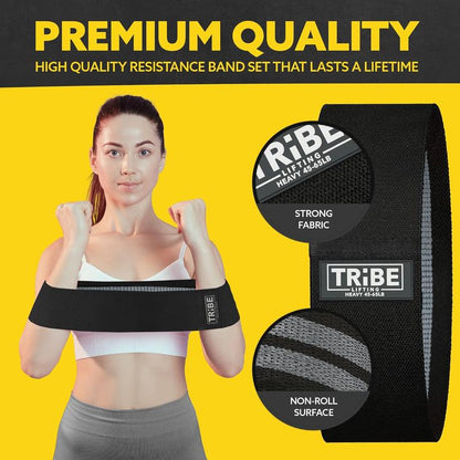 Tribe Lifting Premium Fabric Resistance Bands Set of 3 - Durable Cotton Polyester Stretch Fabric, Versatile for Squats, Lunges, Crunches & More