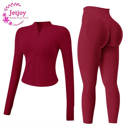 Jetjoy Workout Sets for Women, Women 2 Piece Seamless Ribbed Workout Sets with Zip up Jacket+ Mid-Waisted Gym Yoga Leggings