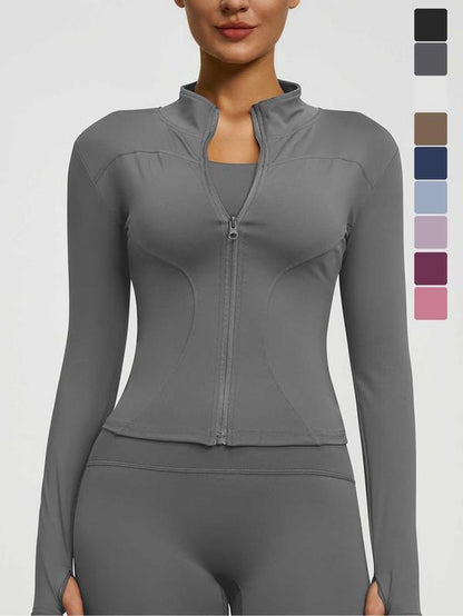 Women'S High Elastic Stand Collar Thumb Hole Slim Fit Yoga Top, Breathable Long Sleeve Running Jacket, Spring & Fall Sportswear, S-Xxxl Sizes, Athletic Jackets