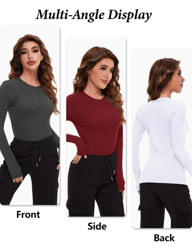 TELALEO Women'S 4 Value Pack Long Sleeve Basic Shirts Crew Neck Slim Fitted Compression Gym Workout Athletic Undershirts in Black White Gray & Red
