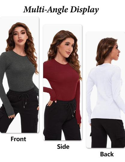 TELALEO Women'S 4 Value Pack Long Sleeve Basic Shirts Crew Neck Slim Fitted Compression Gym Workout Athletic Undershirts in Black White Gray & Red