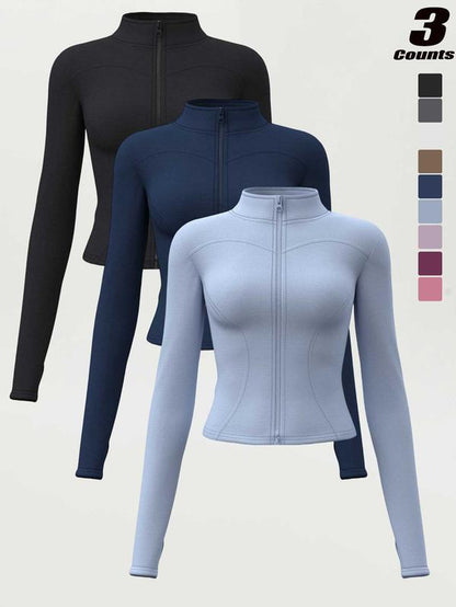 Women'S High Elastic Stand Collar Thumb Hole Slim Fit Yoga Top, Breathable Long Sleeve Running Jacket, Spring & Fall Sportswear, S-Xxxl Sizes, Athletic Jackets