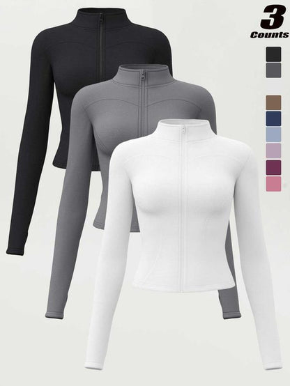 Women'S High Elastic Stand Collar Thumb Hole Slim Fit Yoga Top, Breathable Long Sleeve Running Jacket, Spring & Fall Sportswear, S-Xxxl Sizes, Athletic Jackets