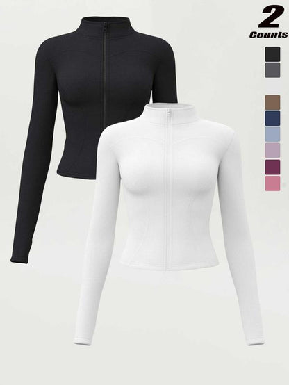 Women'S High Elastic Stand Collar Thumb Hole Slim Fit Yoga Top, Breathable Long Sleeve Running Jacket, Spring & Fall Sportswear, S-Xxxl Sizes, Athletic Jackets