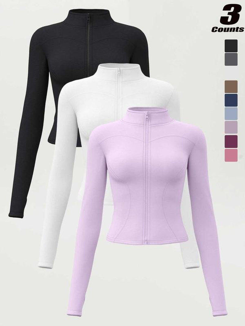 Women'S High Elastic Stand Collar Thumb Hole Slim Fit Yoga Top, Breathable Long Sleeve Running Jacket, Spring & Fall Sportswear, S-Xxxl Sizes, Athletic Jackets