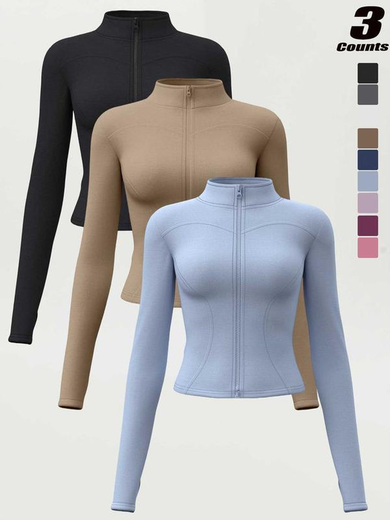 Women'S High Elastic Stand Collar Thumb Hole Slim Fit Yoga Top, Breathable Long Sleeve Running Jacket, Spring & Fall Sportswear, S-Xxxl Sizes, Athletic Jackets
