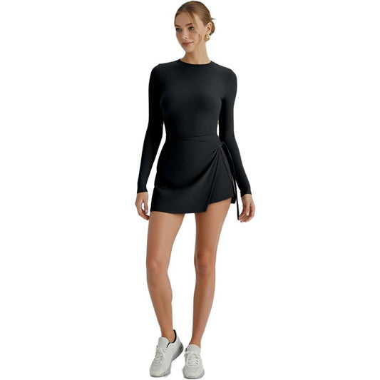 Women'S Solid Color High Neck Tennis Dress Long Sleeve Wrap Skirt Built-In Shorts Golf Athletic Outfit Casual Sportswear Summer Comfort Collar Gym Workout Athletic Running Yoga Machine Washable 92% Nylon 8% Elastane