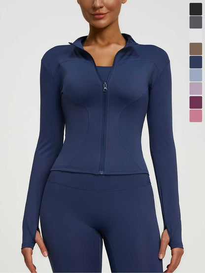 Women'S High Elastic Stand Collar Thumb Hole Slim Fit Yoga Top, Breathable Long Sleeve Running Jacket, Spring & Fall Sportswear, S-Xxxl Sizes, Athletic Jackets