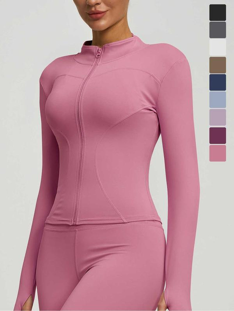 Women'S High Elastic Stand Collar Thumb Hole Slim Fit Yoga Top, Breathable Long Sleeve Running Jacket, Spring & Fall Sportswear, S-Xxxl Sizes, Athletic Jackets