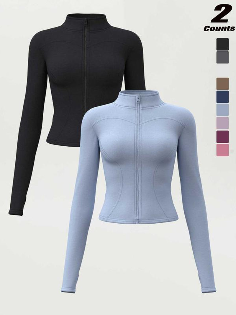 Women'S High Elastic Stand Collar Thumb Hole Slim Fit Yoga Top, Breathable Long Sleeve Running Jacket, Spring & Fall Sportswear, S-Xxxl Sizes, Athletic Jackets