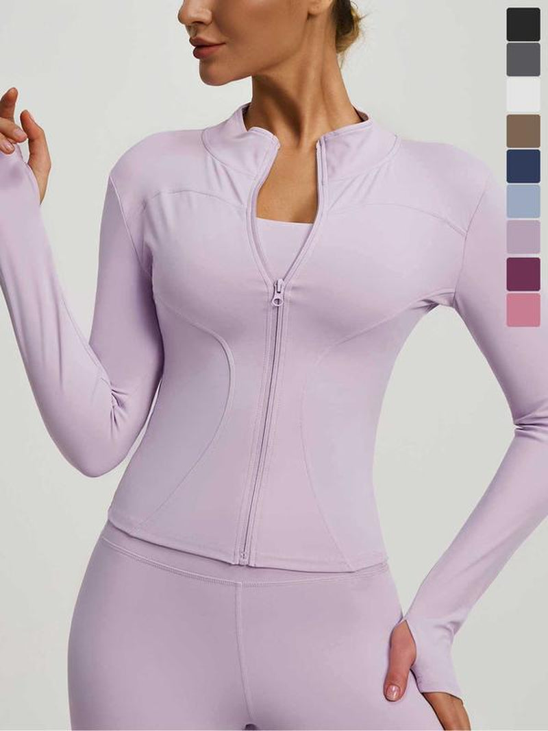 Women'S High Elastic Stand Collar Thumb Hole Slim Fit Yoga Top, Breathable Long Sleeve Running Jacket, Spring & Fall Sportswear, S-Xxxl Sizes, Athletic Jackets