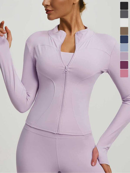 Women'S High Elastic Stand Collar Thumb Hole Slim Fit Yoga Top, Breathable Long Sleeve Running Jacket, Spring & Fall Sportswear, S-Xxxl Sizes, Athletic Jackets
