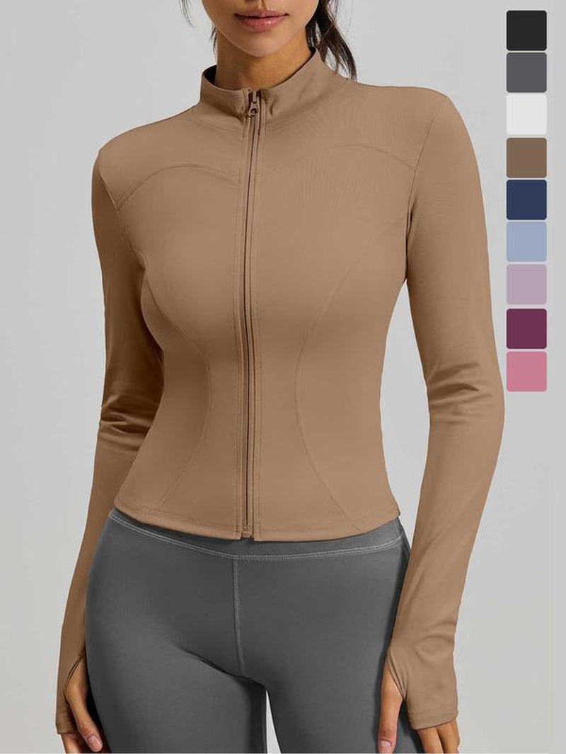 Women'S High Elastic Stand Collar Thumb Hole Slim Fit Yoga Top, Breathable Long Sleeve Running Jacket, Spring & Fall Sportswear, S-Xxxl Sizes, Athletic Jackets