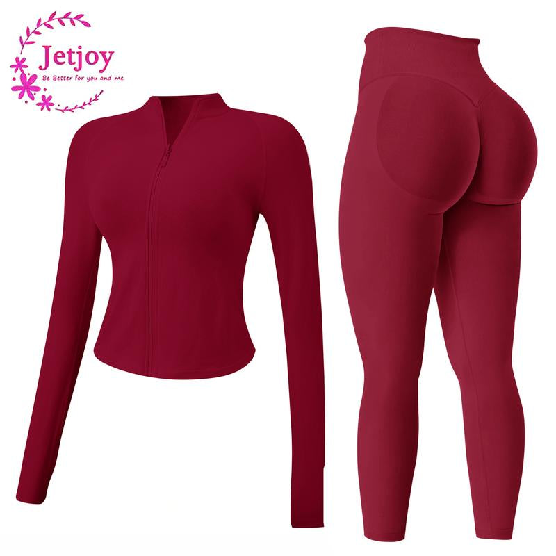Jetjoy Workout Sets for Women, Women 2 Piece Seamless Ribbed Workout Sets with Zip up Jacket+ Mid-Waisted Gym Yoga Leggings