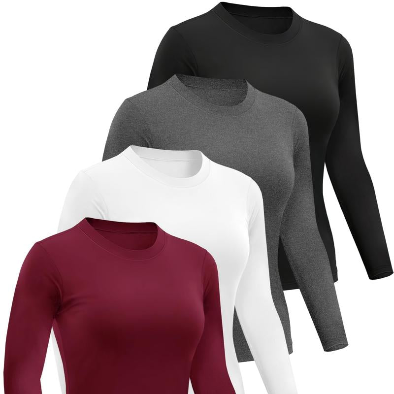 TELALEO Women'S 4 Value Pack Long Sleeve Basic Shirts Crew Neck Slim Fitted Compression Gym Workout Athletic Undershirts in Black White Gray & Red