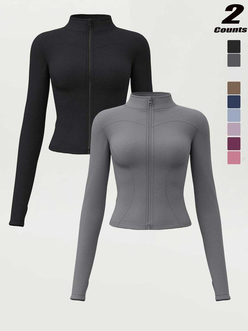Women'S High Elastic Stand Collar Thumb Hole Slim Fit Yoga Top, Breathable Long Sleeve Running Jacket, Spring & Fall Sportswear, S-Xxxl Sizes, Athletic Jackets