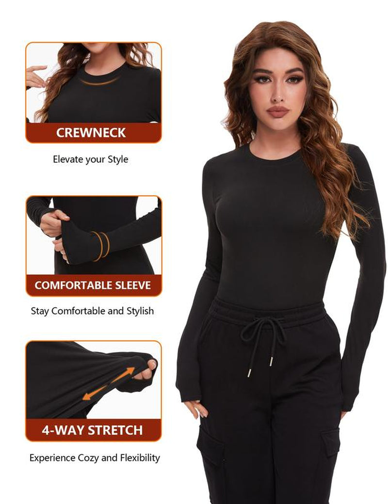 TELALEO Women'S 4 Value Pack Long Sleeve Basic Shirts Crew Neck Slim Fitted Compression Gym Workout Athletic Undershirts in Black White Gray & Red